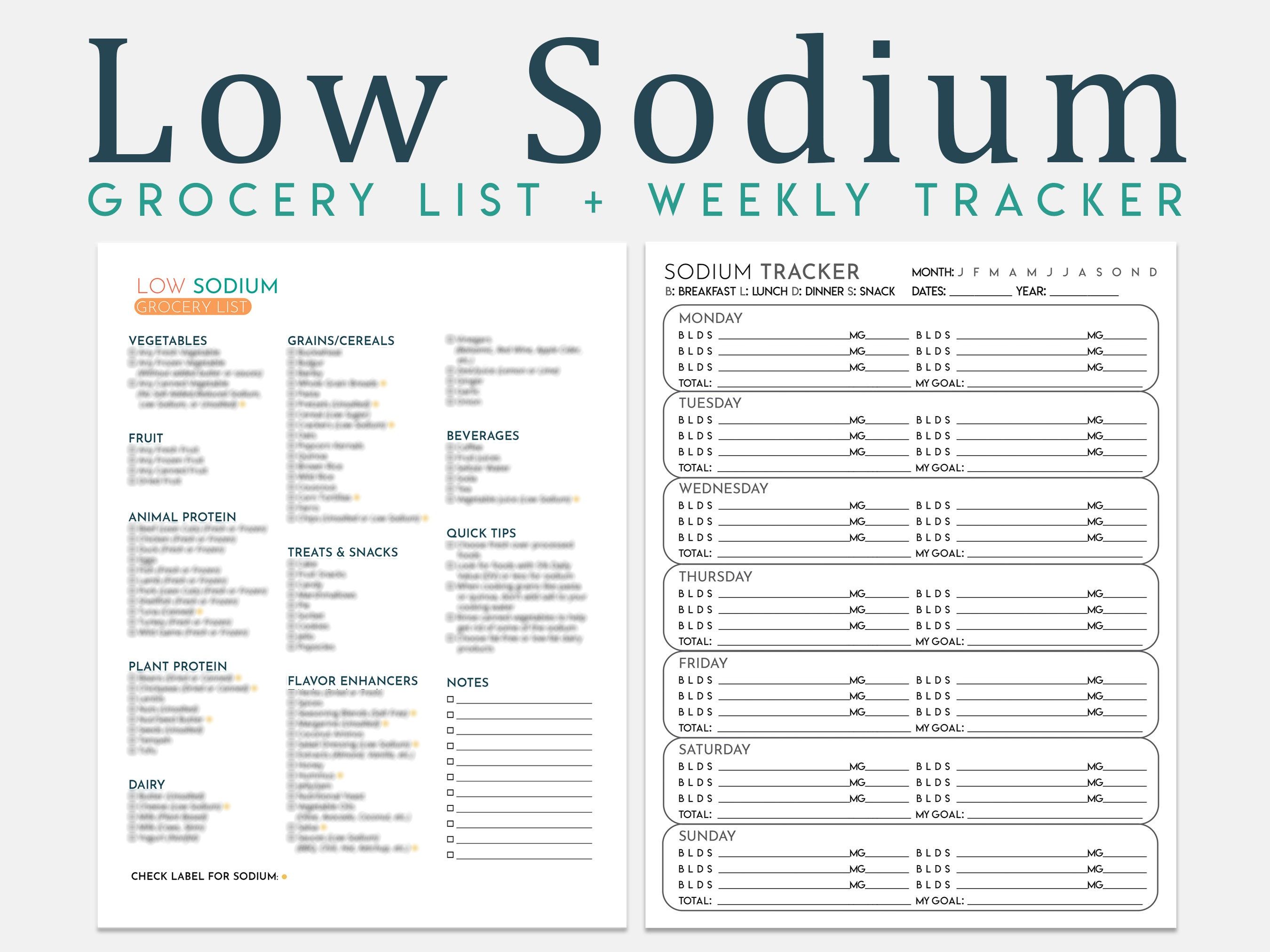 Low Sodium Diet Grocery List Weekly Tracker | Printable PDF Low Sodium ...