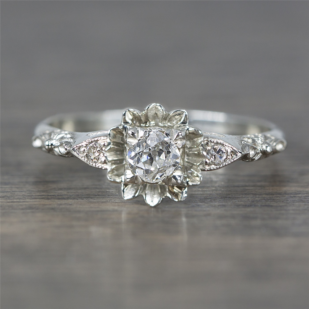 1920's White Gold & Diamond Flower Vintage Engagement Ring | Vintage