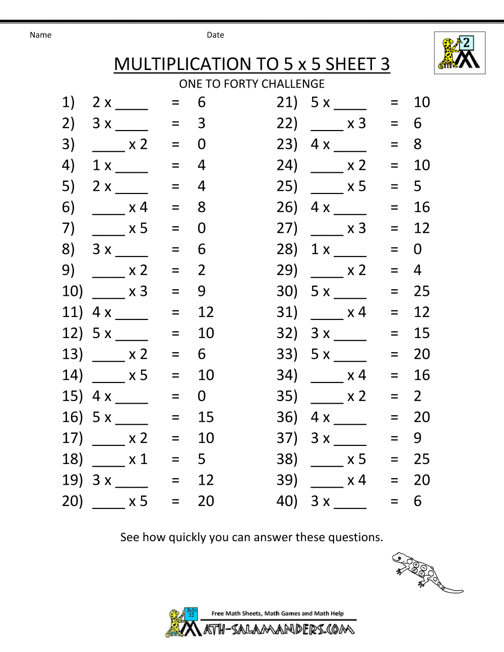 Salamander Math Worksheet