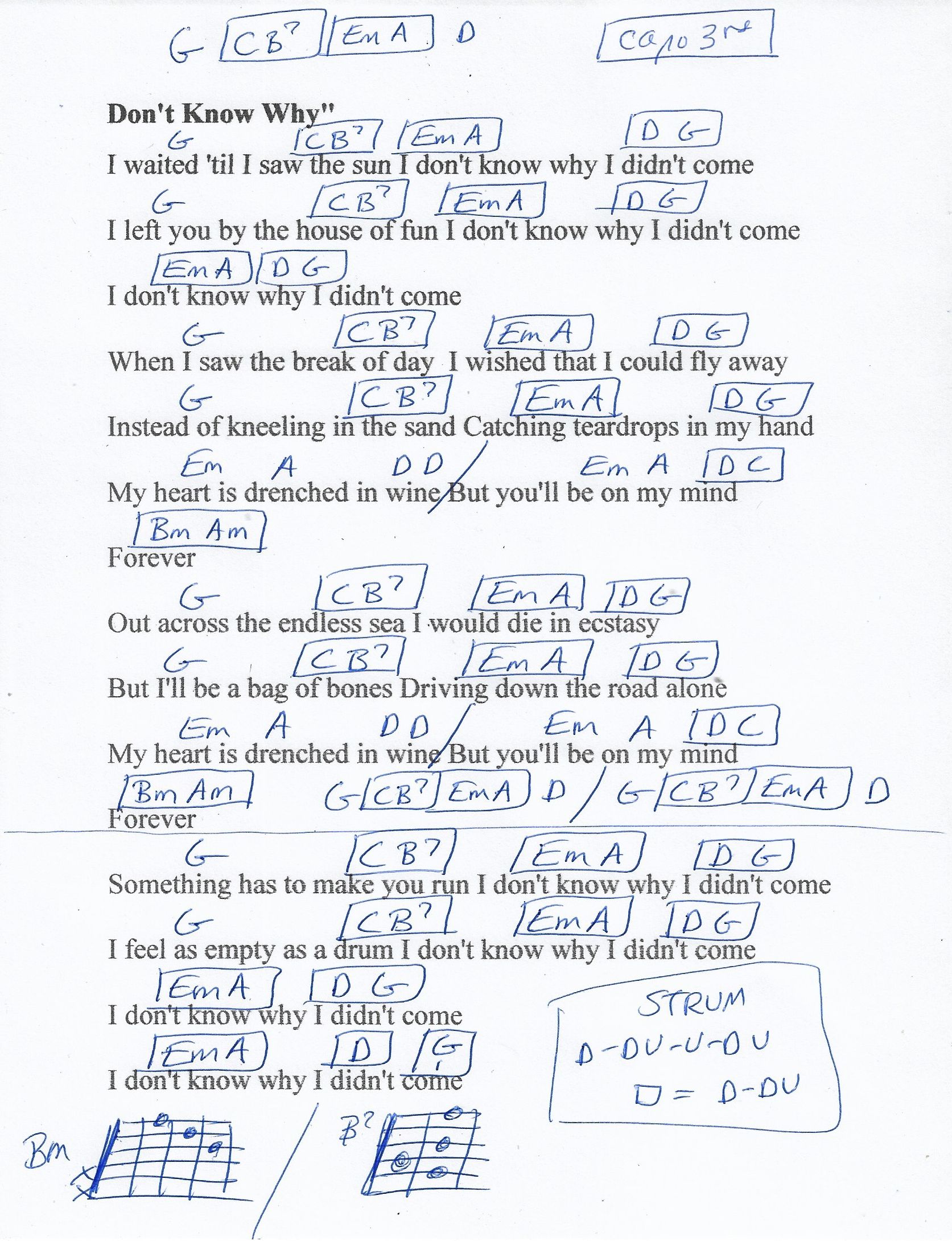 Don't Know Why (Norah Jones) Guitar Chord Chart - Capo 3rd Fret