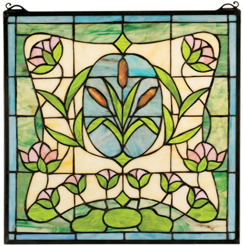 Art Nouveau Stained Glass window with water lilies and cattails Stained ...