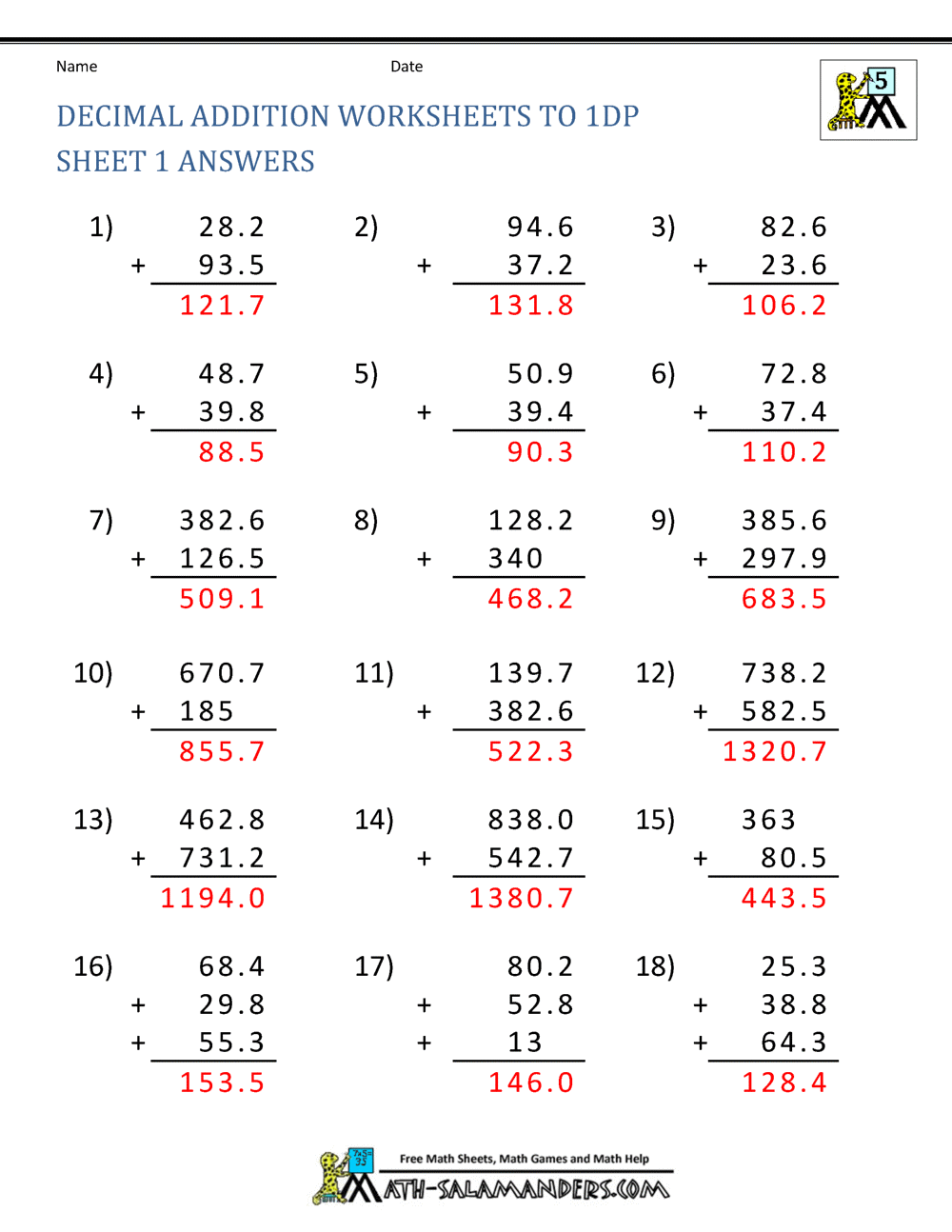 Adding Decimals up to 1dp Sheet 1 Answers | Adding decimals, Decimals ...