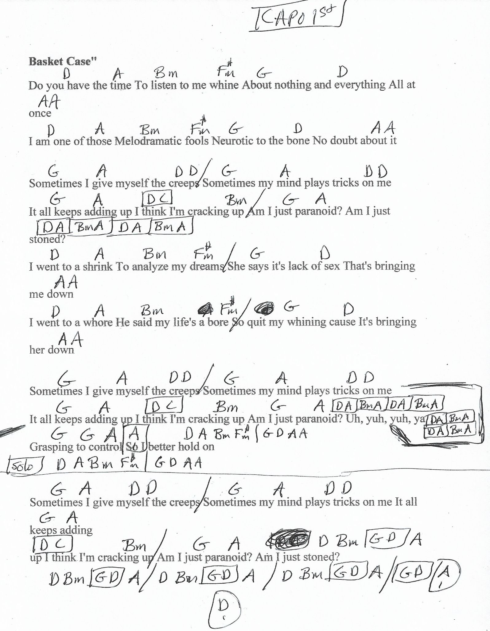 Basket Case (Green Day) Guitar Chord Chart - Capo 1st Fret