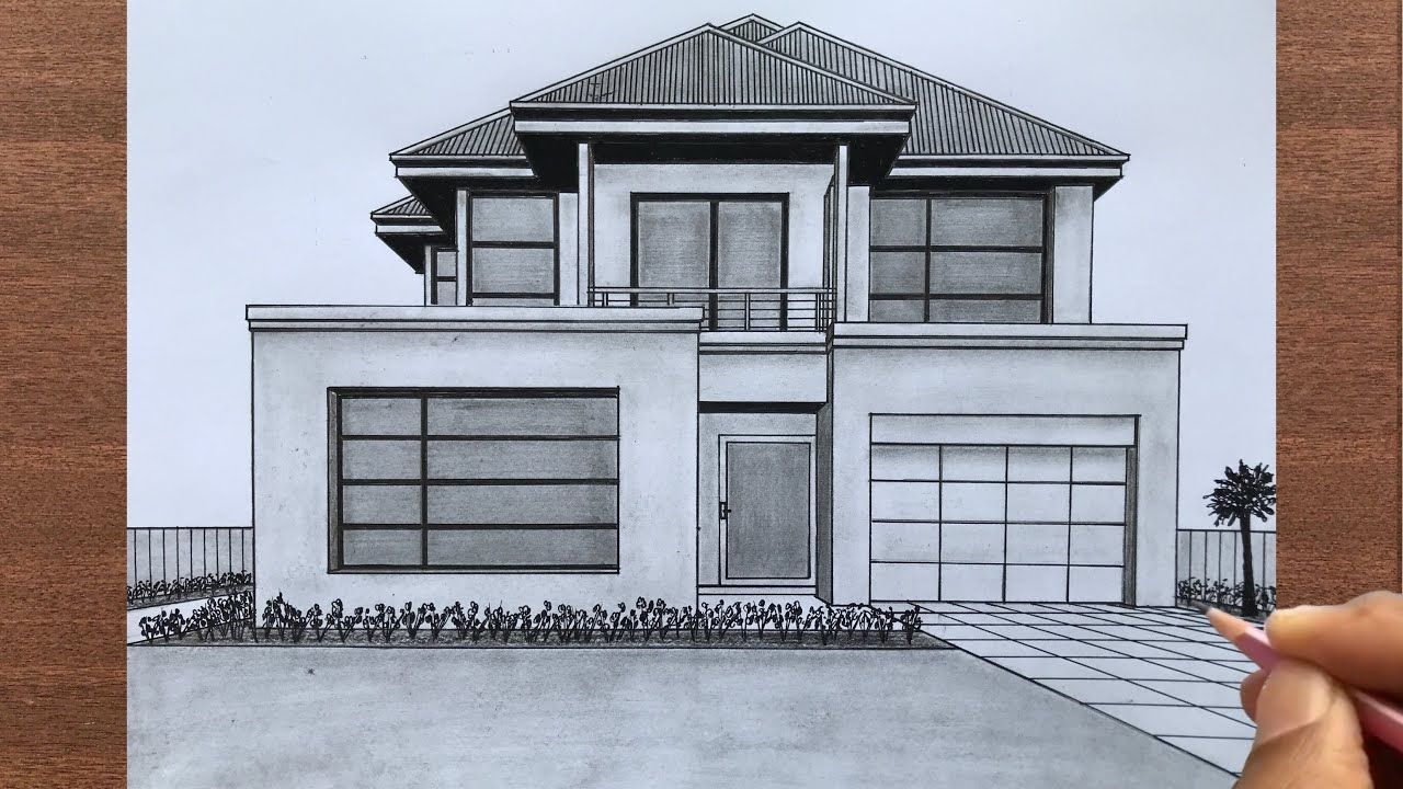 How to Draw a Bungalow in 1-Point Perspective | House design drawing ... image.