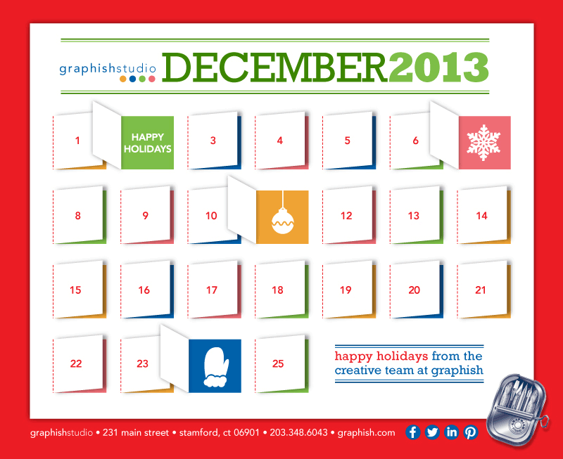 the december 2013 calendar is shown in red and green, with colorful squares on it