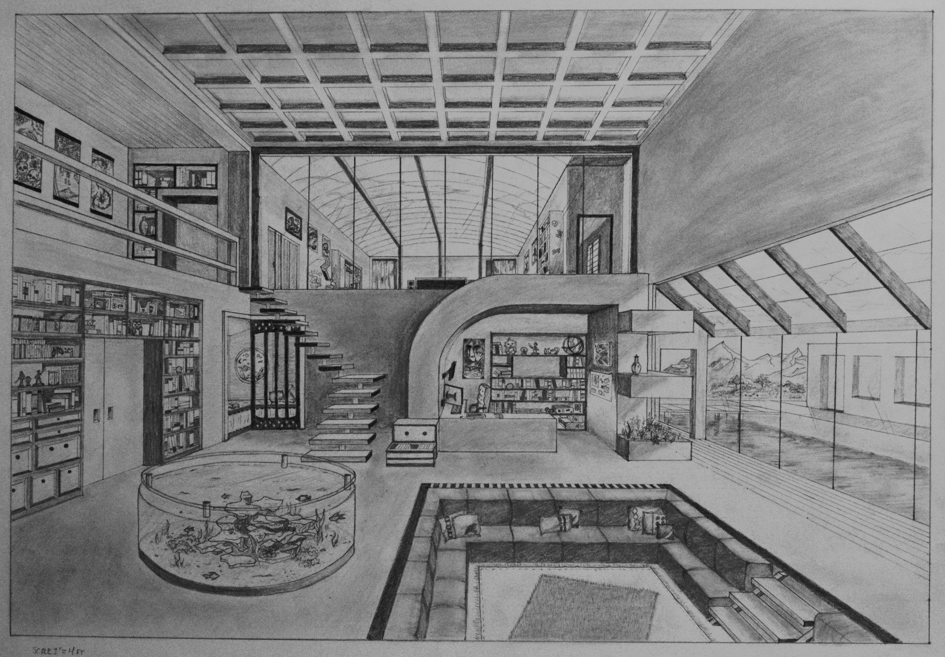 a drawing of a living room with lots of furniture and bookshelves in it