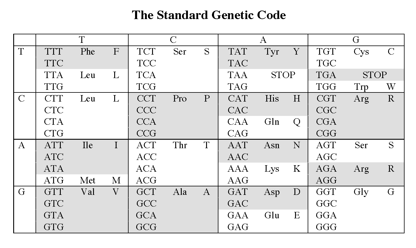 Universal Genetic Code This is showing the Standard genetic code that ...