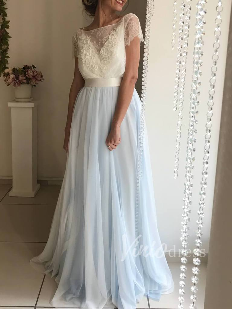 Cheap Simple Light Blue Beach Wedding Dresses with Sash