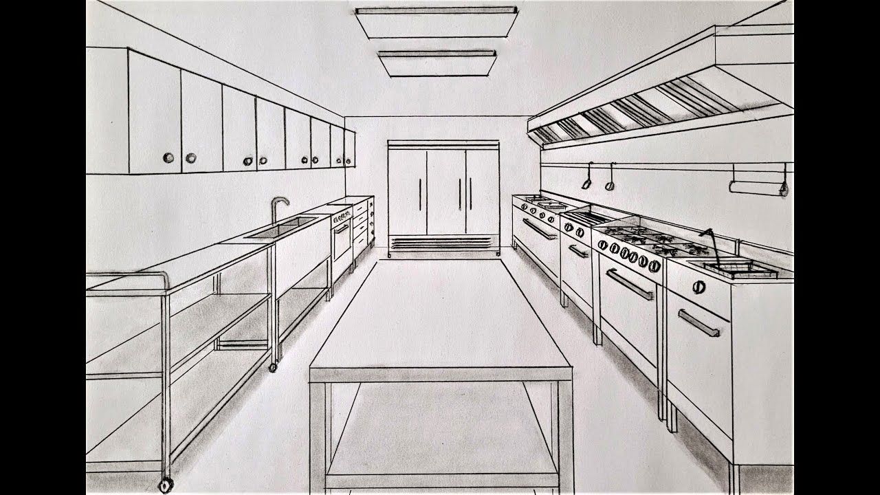 How to draw in one point perspective, a restaurant kitchen | Restaurant ...