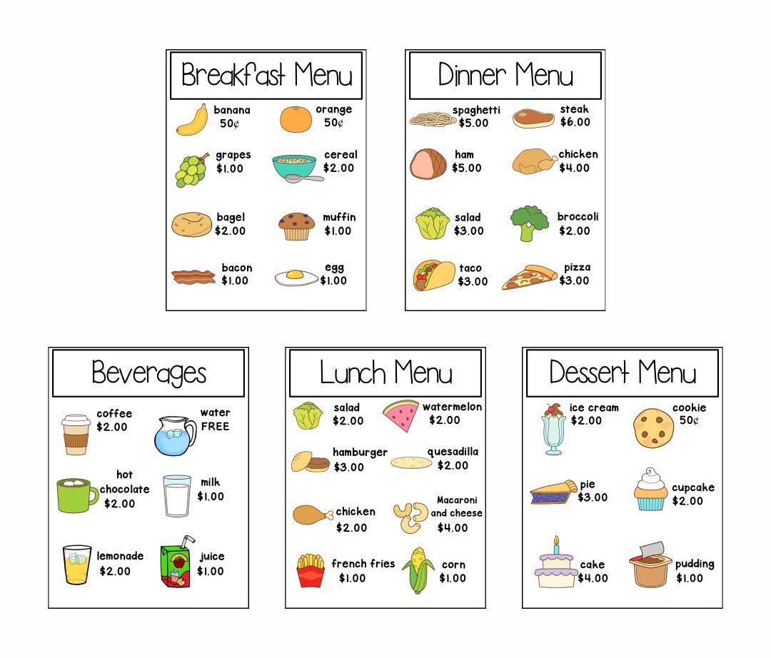 Printable Dramatic Play Restaurant Menu