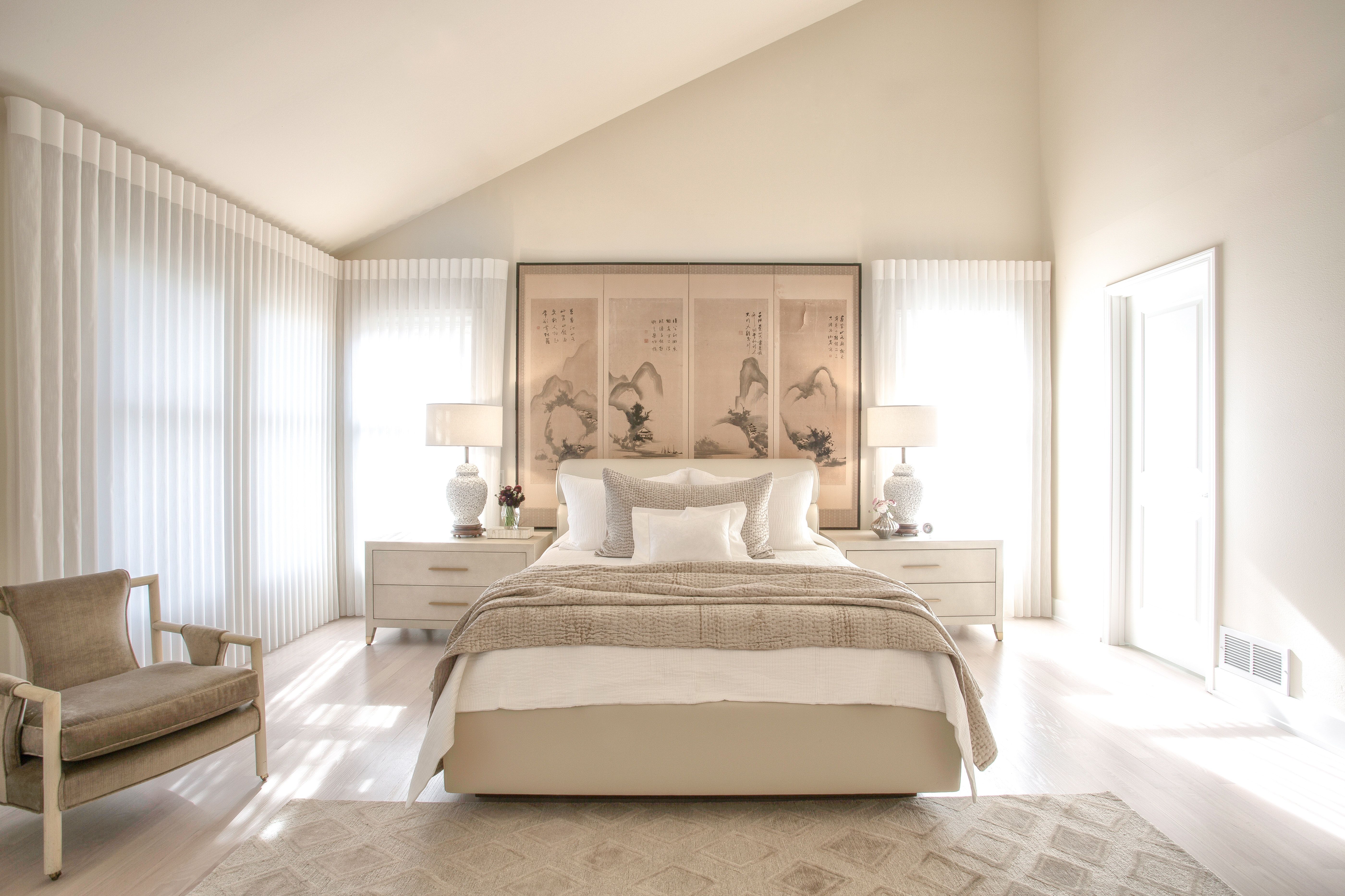 North Shore Master Bedroom with Custom Bed and Antique Asian Screen