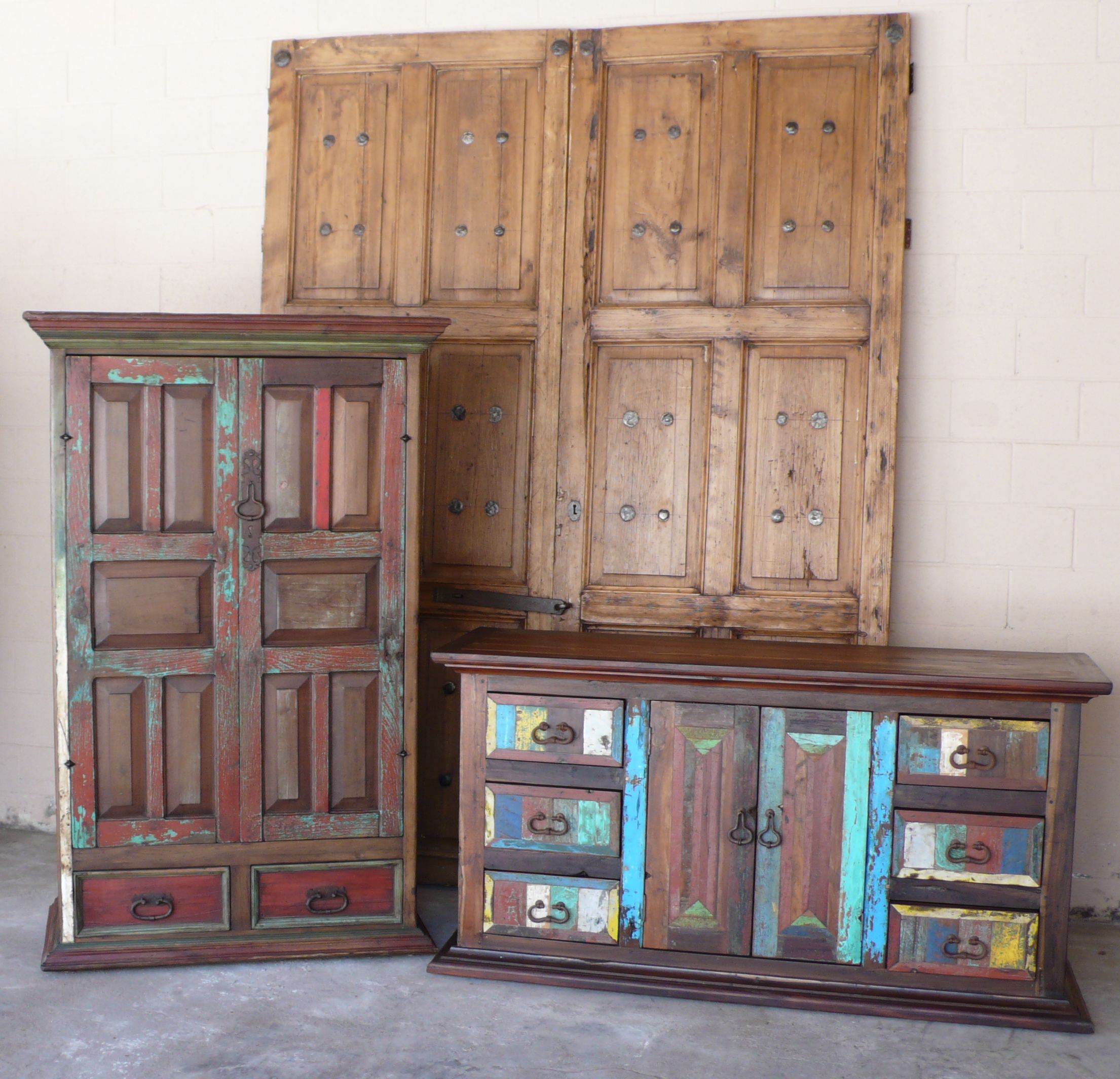 Mexican Old Doors Made Into Armoires And Tv Media Cabinets Mexican Furniture Mexican Doors Old Doors [ 2128 x 2210 Pixel ]