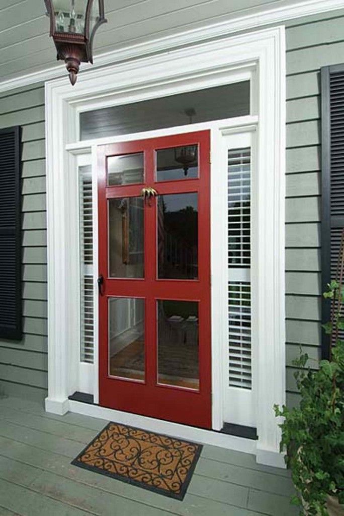 Simple Dark Red Pella Storm Doors 6 Panel with Glass For Entrance