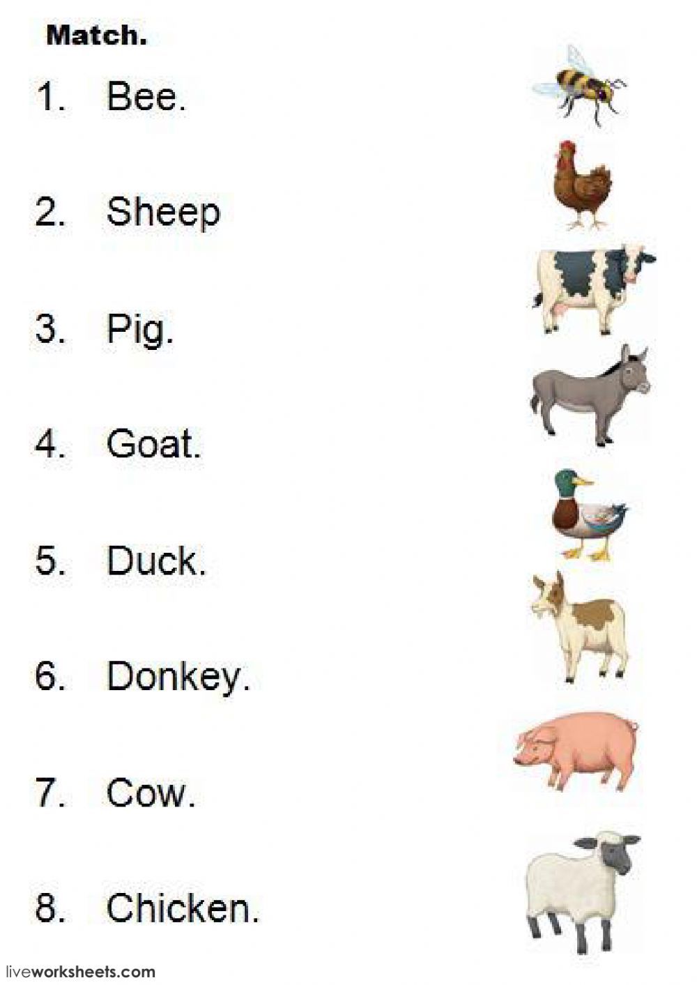 the farm animals and their names are shown in this worksheet