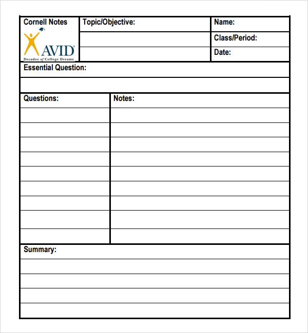 Avid Cornell Notes Template Pdf