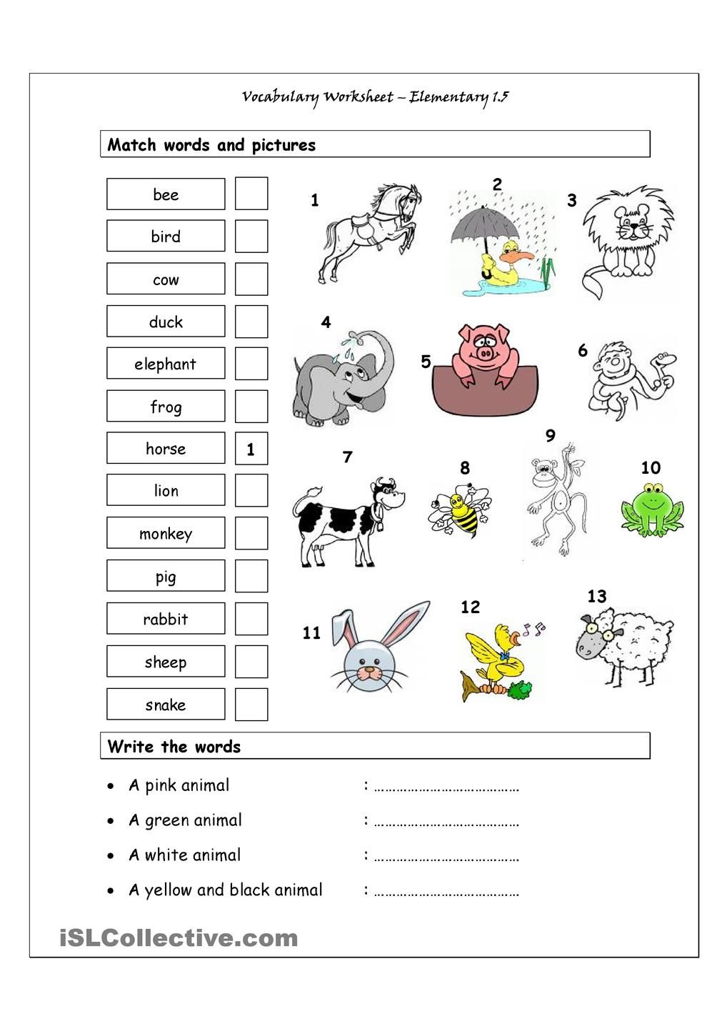 Vocabulary Matching Worksheet - Elementary 1.5 (Animals) | Engelse