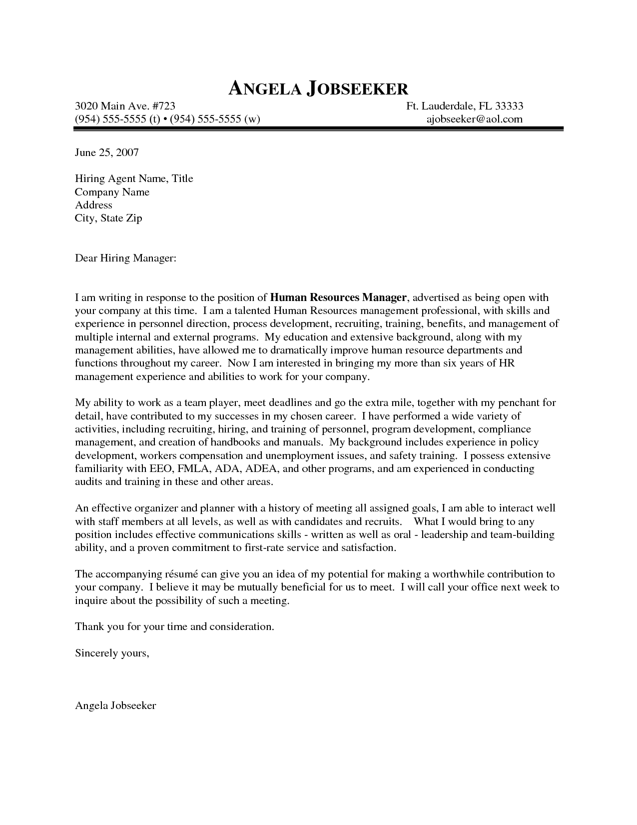 Outstanding Cover Letter Examples | HR Manager Cover Letter Example ...