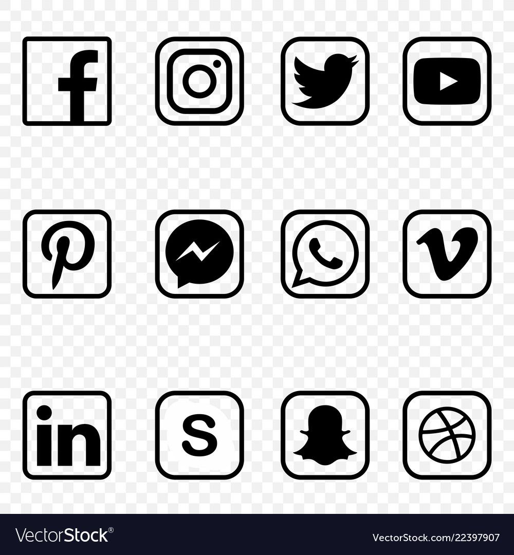 Black and white social media icons on transparent background vector ...