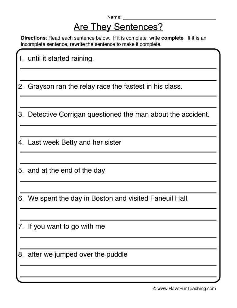 Creating Complete Sentences Worksheet Writing sentences worksheets