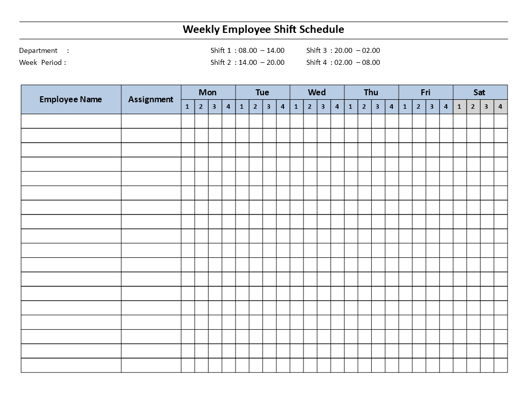 Weekly employee Shift Schedule Mon to Sat 4 Shift - Download this free ...