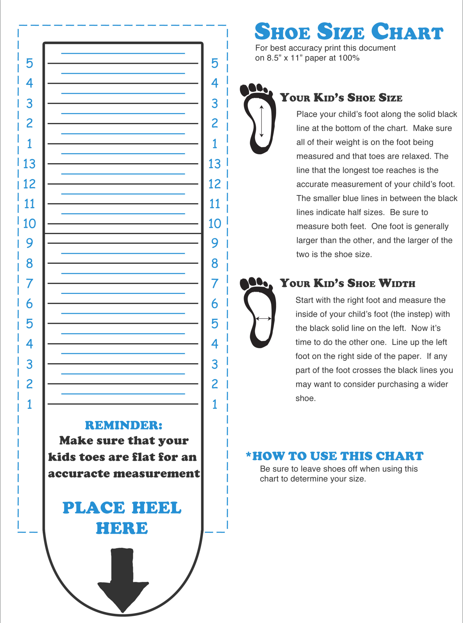 Printable Shoe Size Chart Youth