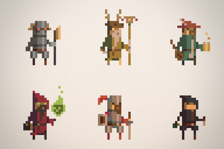 six pixellated characters in different styles and colors