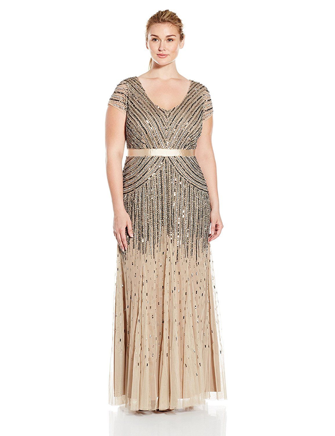 Adrianna Papell Women's Floor Length Beaded Cap Sleeve V