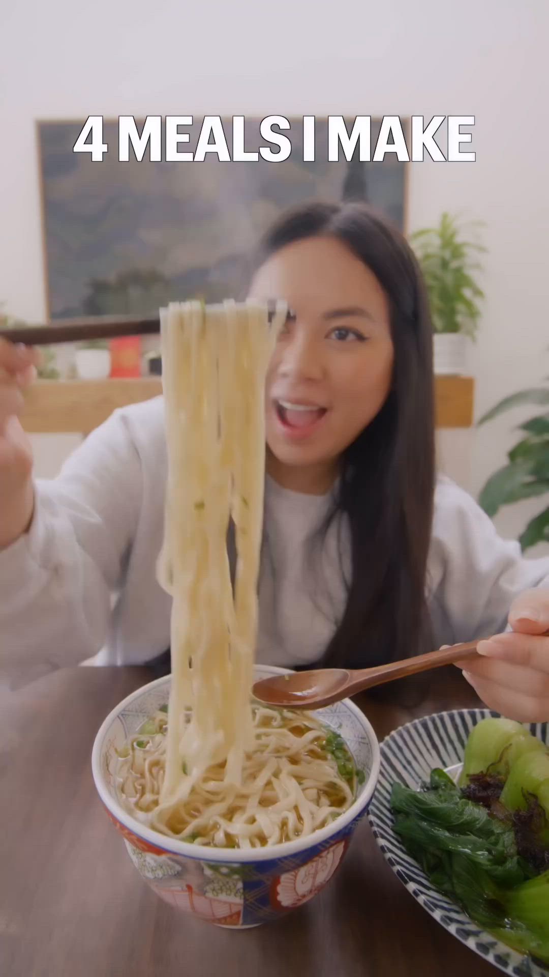 This may contain: a woman holding a bowl of food with the caption 20 minutes to cook