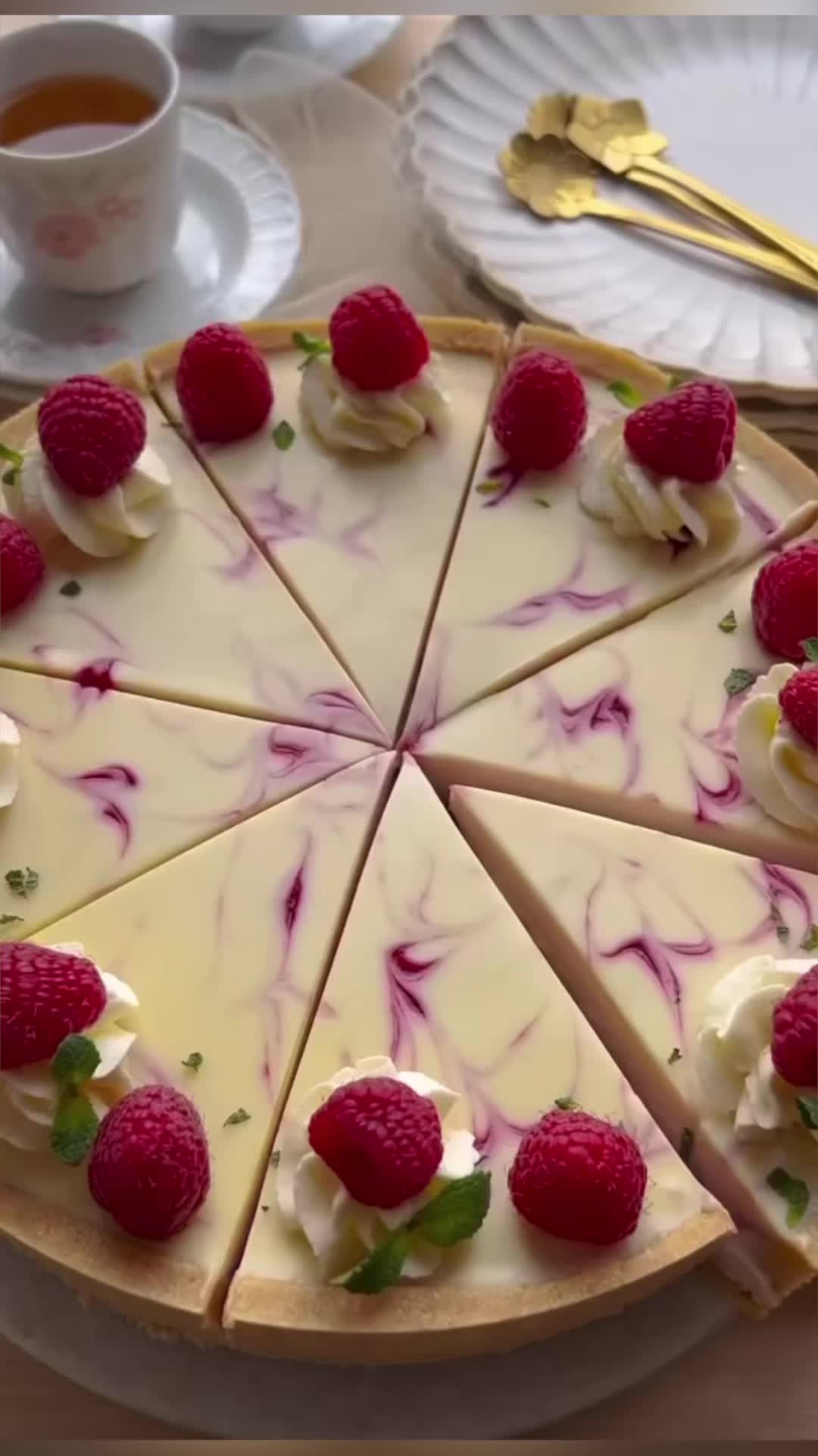 This may contain: a piece of cheesecake with raspberries on top