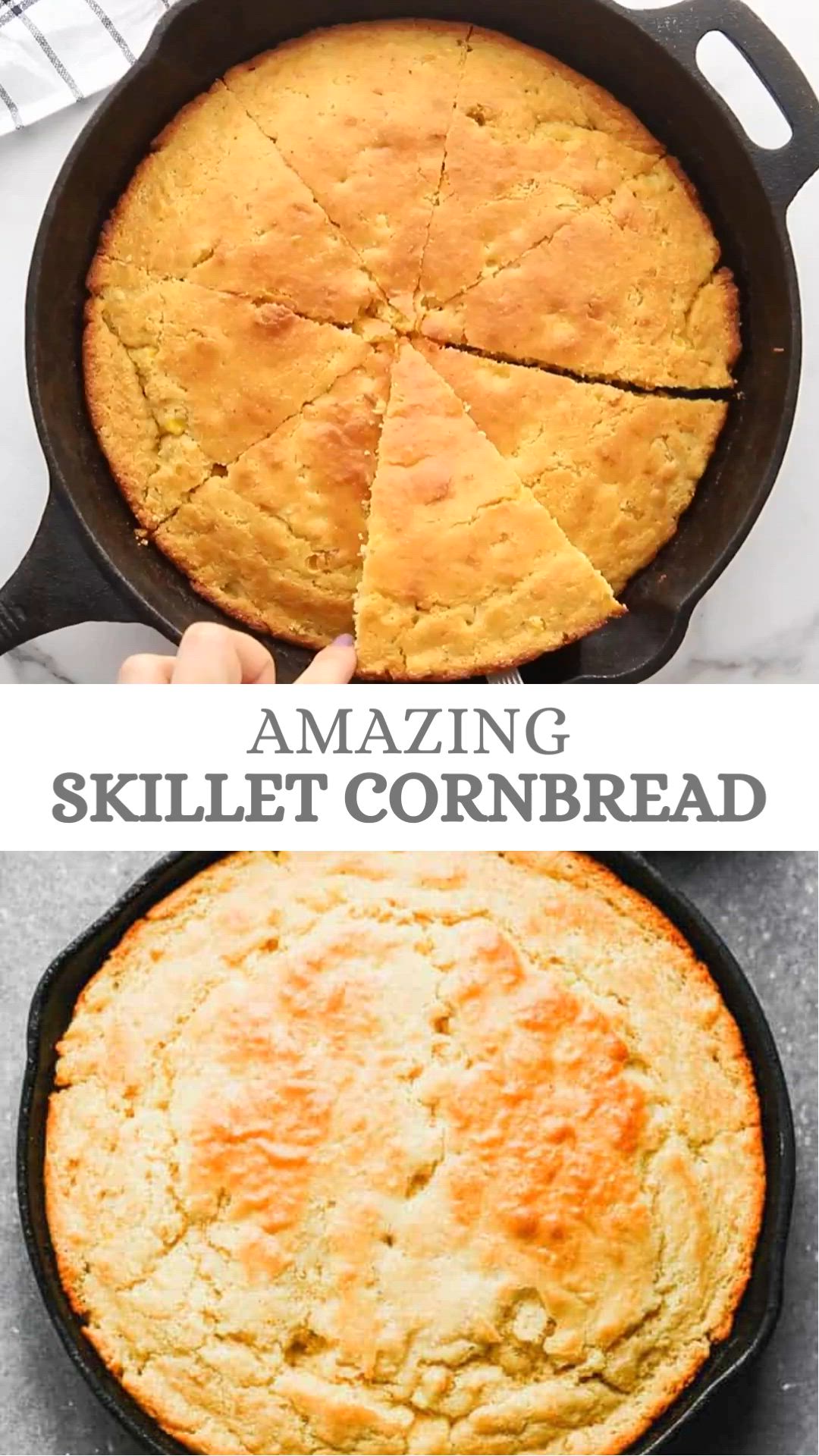 This may contain: skillet cornbread in a cast iron skillet with text overlay that reads southern skillet cornbread