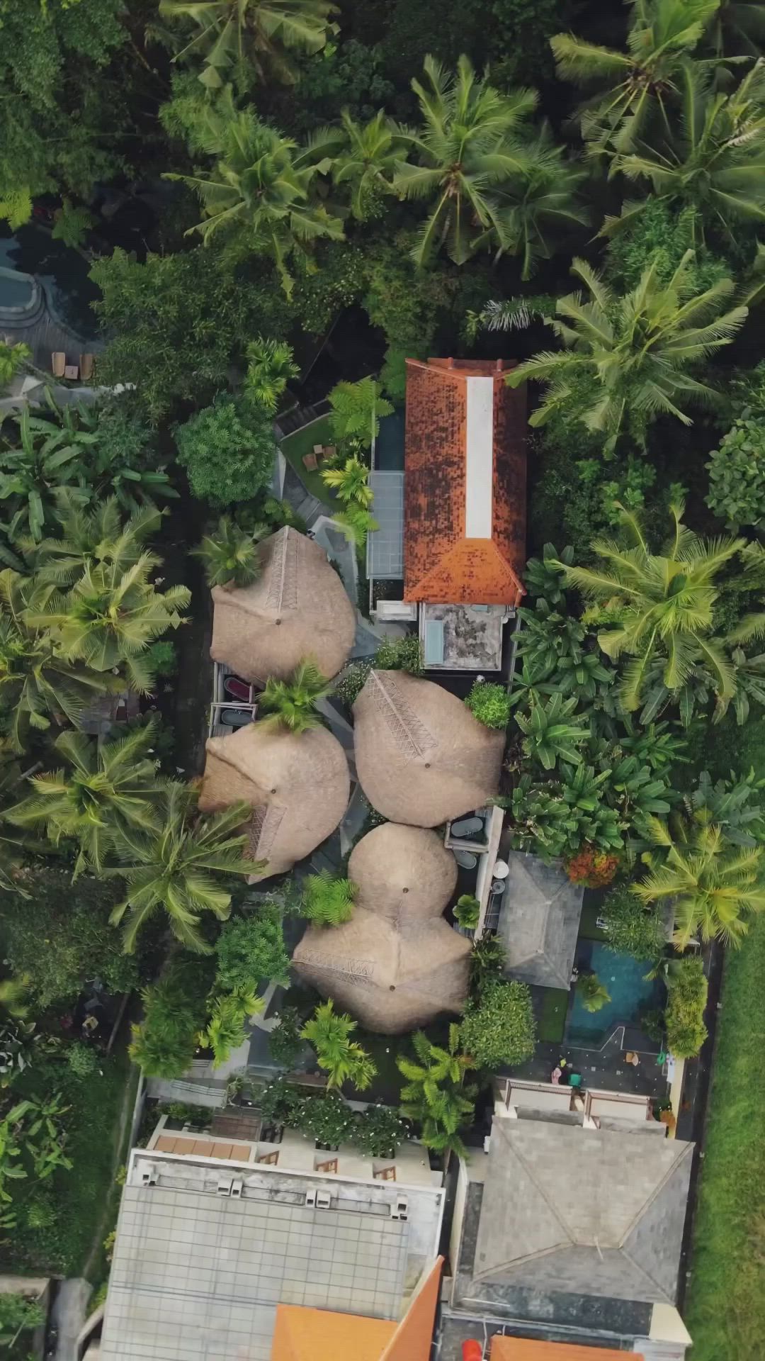 This may contain: a woman in a dress walking down a path next to some bushes and trees with straw umbrellas on the roof