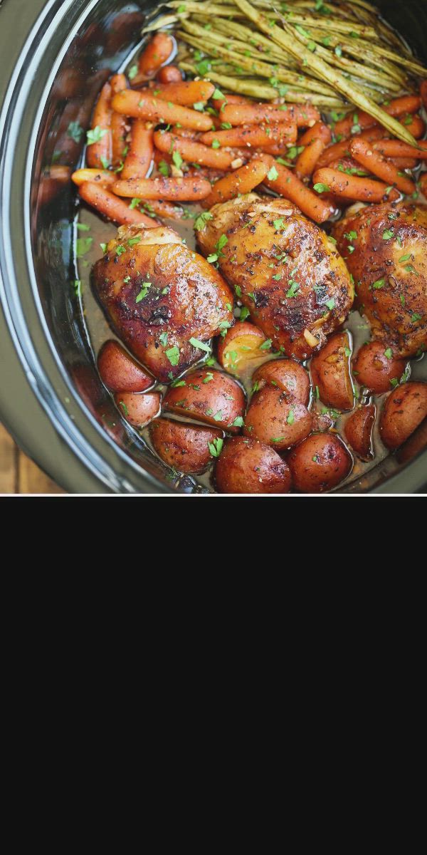 This contains: SLOW COOKER HONEY GARLIC CHICKEN AND VEGGIES, crockpot, one pot