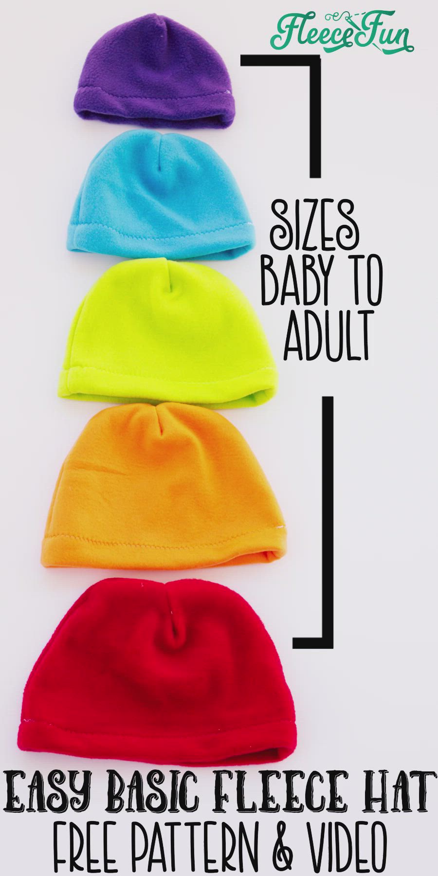 This may contain: the easy to sew baby to adult beanie pattern is shown in four different colors