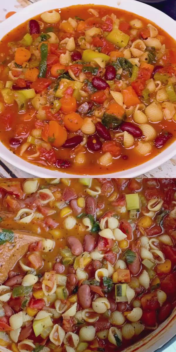 This may contain: two pictures side by side one with soup, the other with pasta and vegetables in it