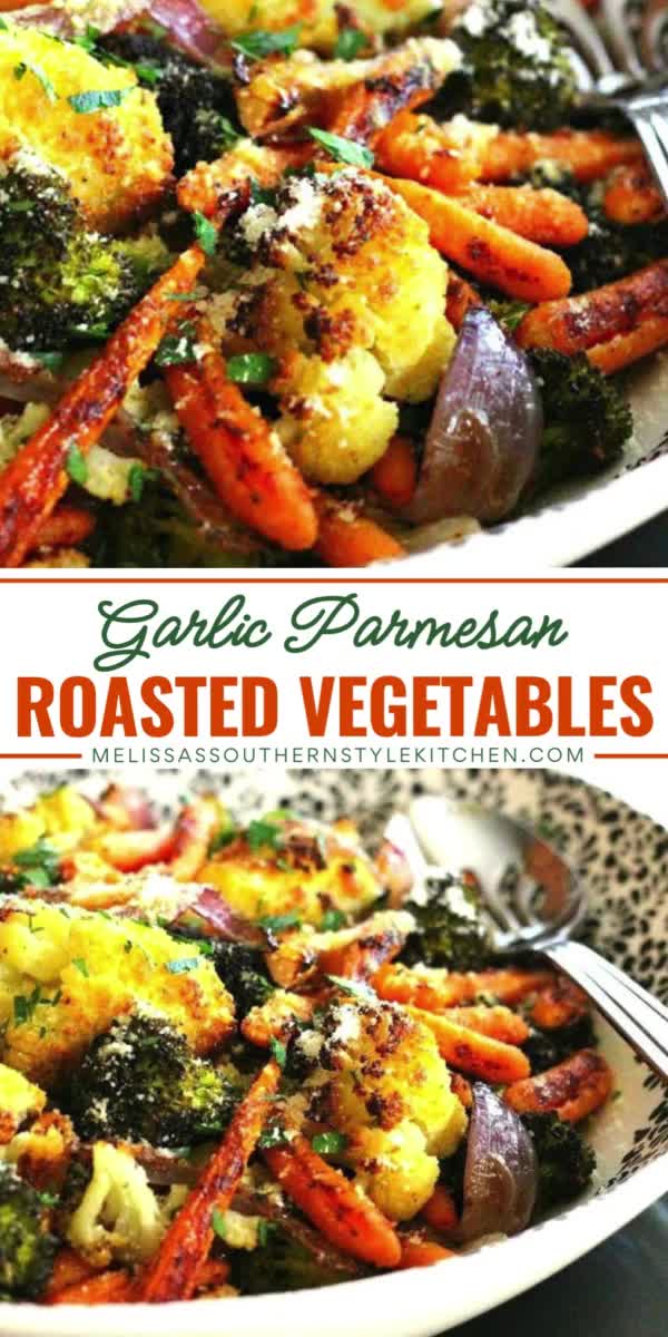 This contains: Must-serve healthy simple side dish recipe! This Garlic Parmesan Roasted Vegetables recipe is made using carrots, broccoli, and cauliflower and sprinkled with grated parmesan cheese and seasonings! Make this spectacular easy vegetable side dish!