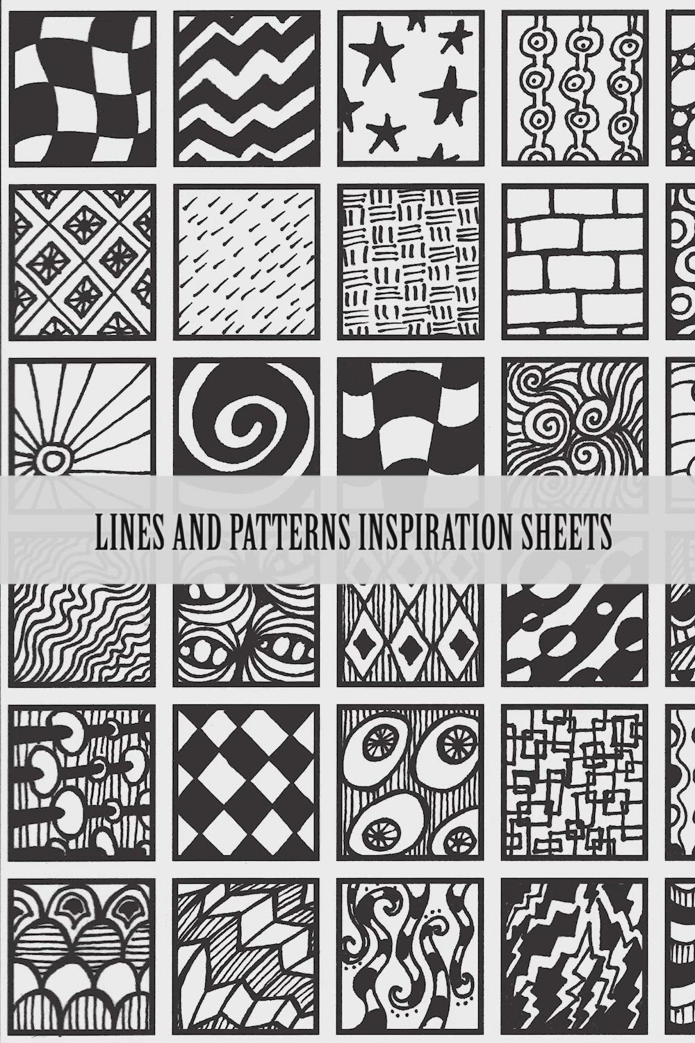 This may contain: black and white patterns with the words lines and pattern inspiration sheets on it's side