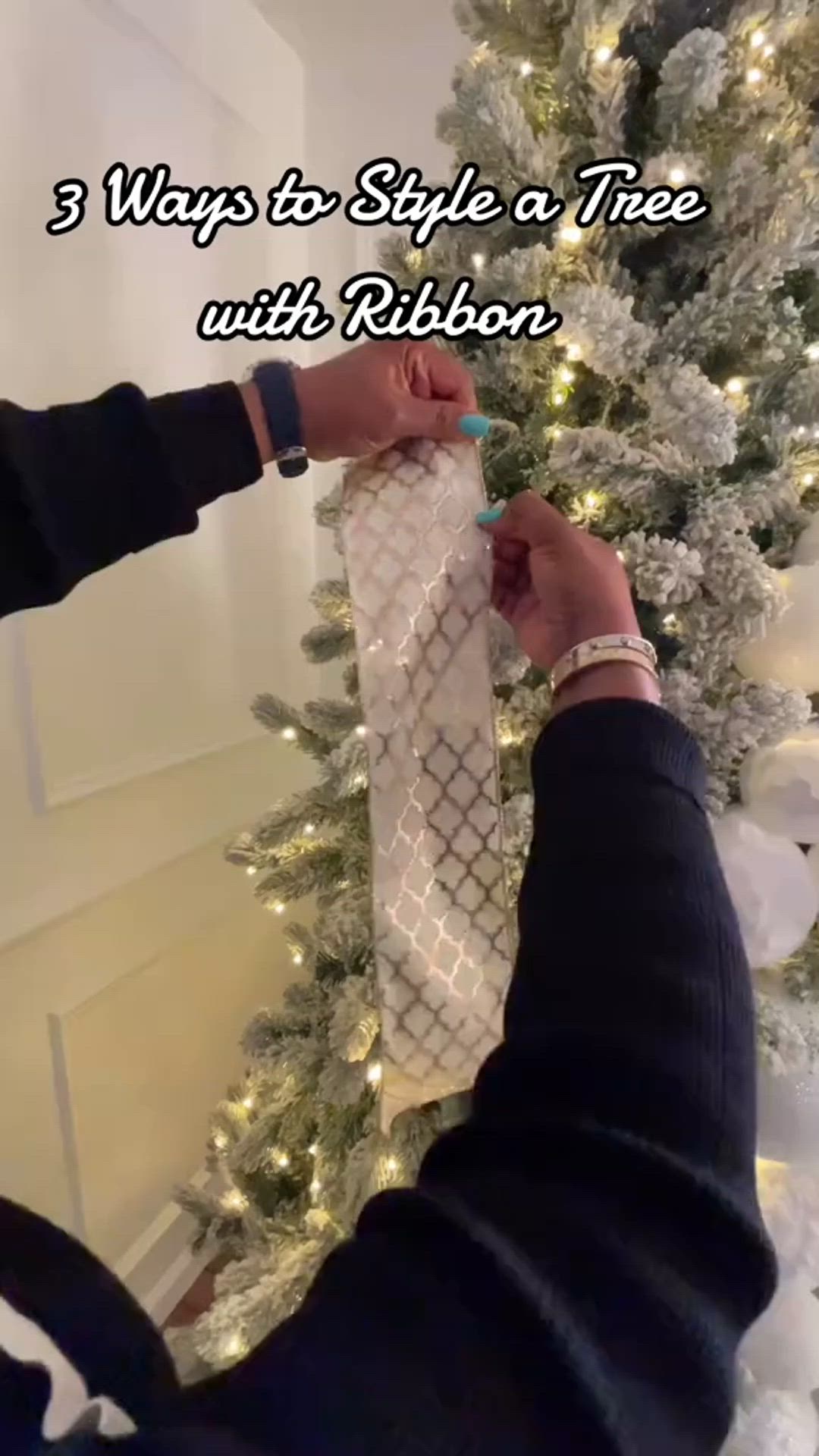 This may contain: someone is decorating a christmas tree with ribbons on it and the words 3 ways to style a tree with ribbon