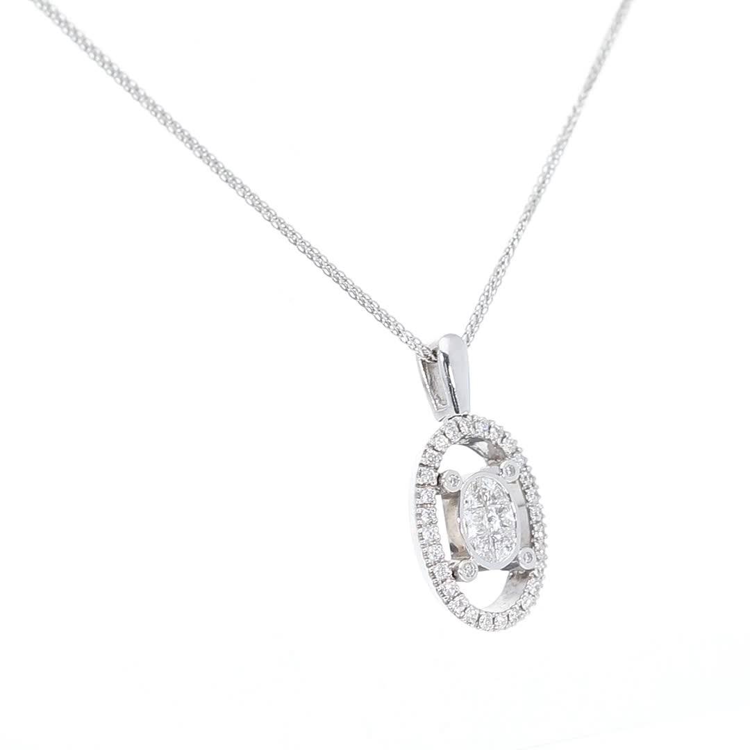 This sparkling oval invisble setting white diamond pendant, is a classic. Elegant and stylish, this white diamond pendant is set in 18K white gold, and features an oval shape that is filled with round diamonds, floating in a diamond studded oval outline shape. The pendant hangs from a white gold link chain and is attached by a white gold bail. This pendant is sure to be loved by all who see it and makes for a beautiful gift.
We are happy to answer any of your questions! Contact us!