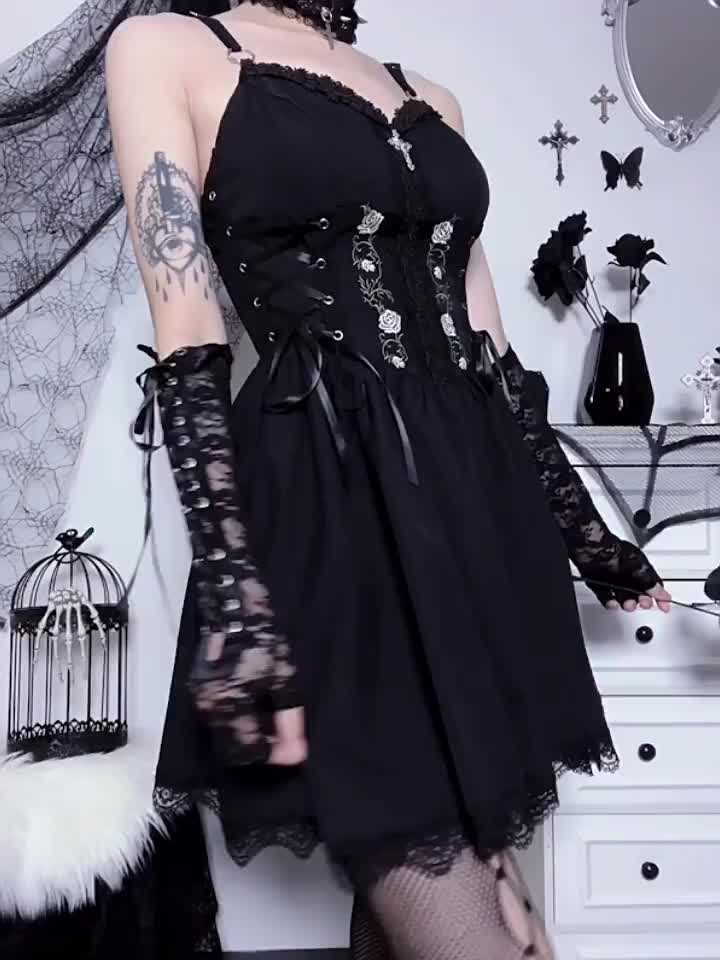 This contains: Embroidery Gothic Rose A-line Mini Dress - Vedlit