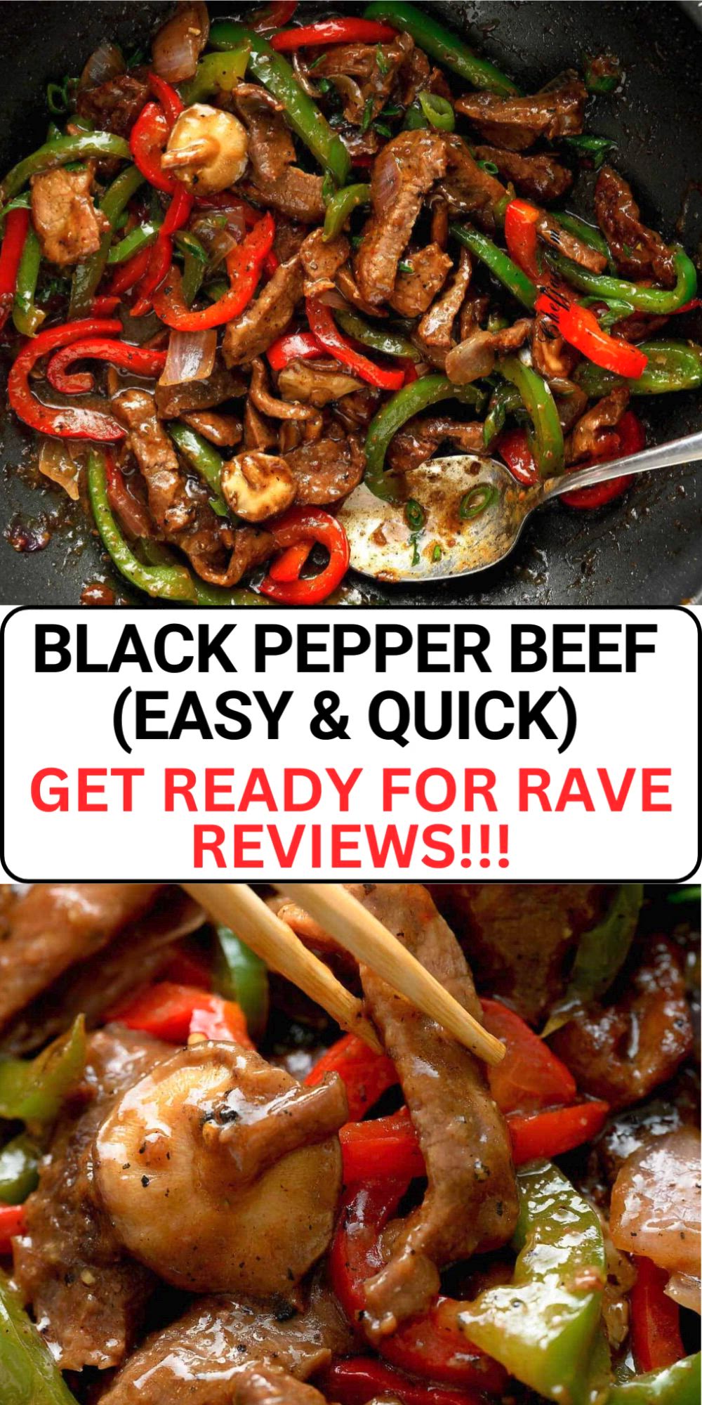 This contains: Savor the bold flavors of Black Pepper Beef! Tender strips of beef, stir-fried with a robust black pepper sauce, make for a spicy, savory dish that's sure to please.