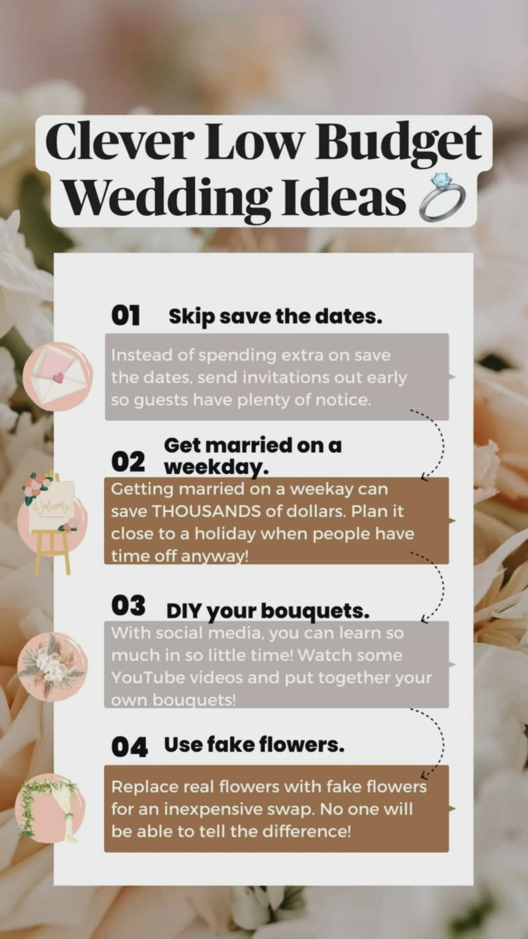 This may contain: a wedding info sheet with flowers in the center and text overlay that says, clever low budget wedding ideas