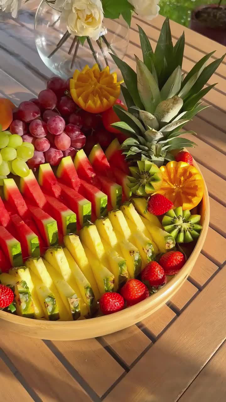 This contains: A beautifully arranged food art basket filled with an array of colorful fruits and vegetables, a masterpiece that combines visual appeal with culinary excellence. 🥕🍓✨