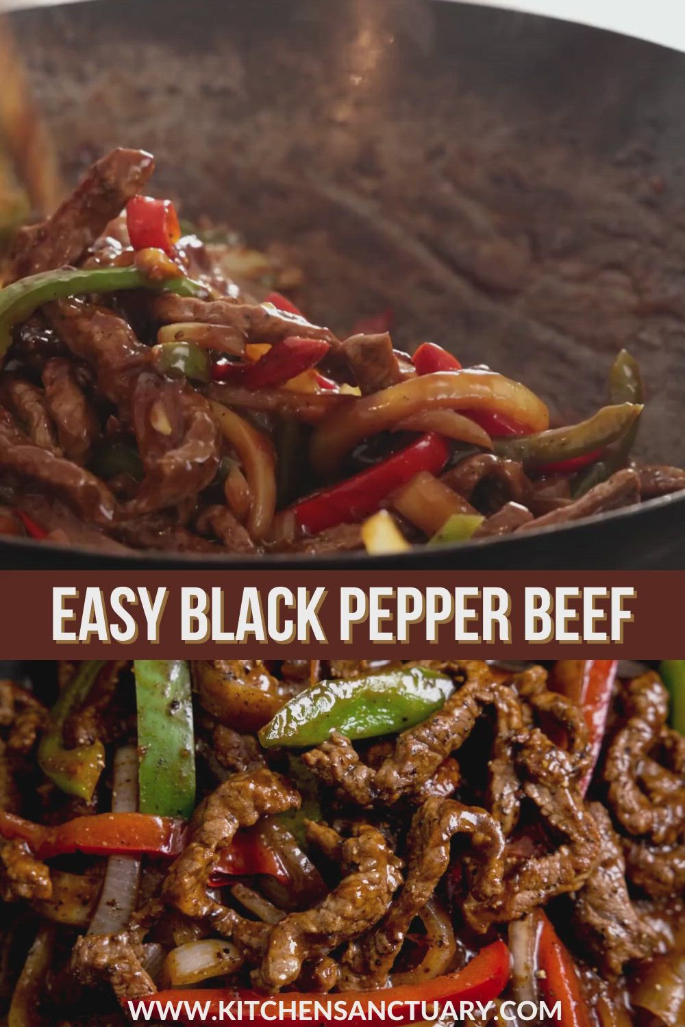 This may contain: beef and peppers in a skillet with the words easy black pepper beef over it