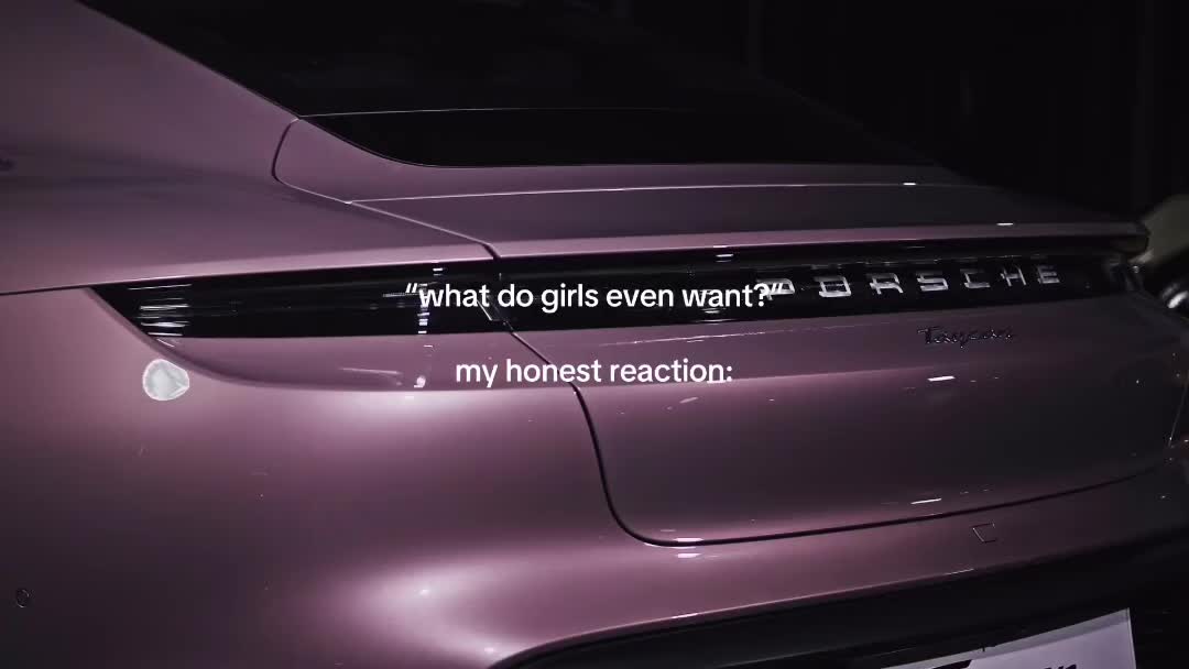 This may contain: a pink sports car parked in a dark room with the words what do girls even want?