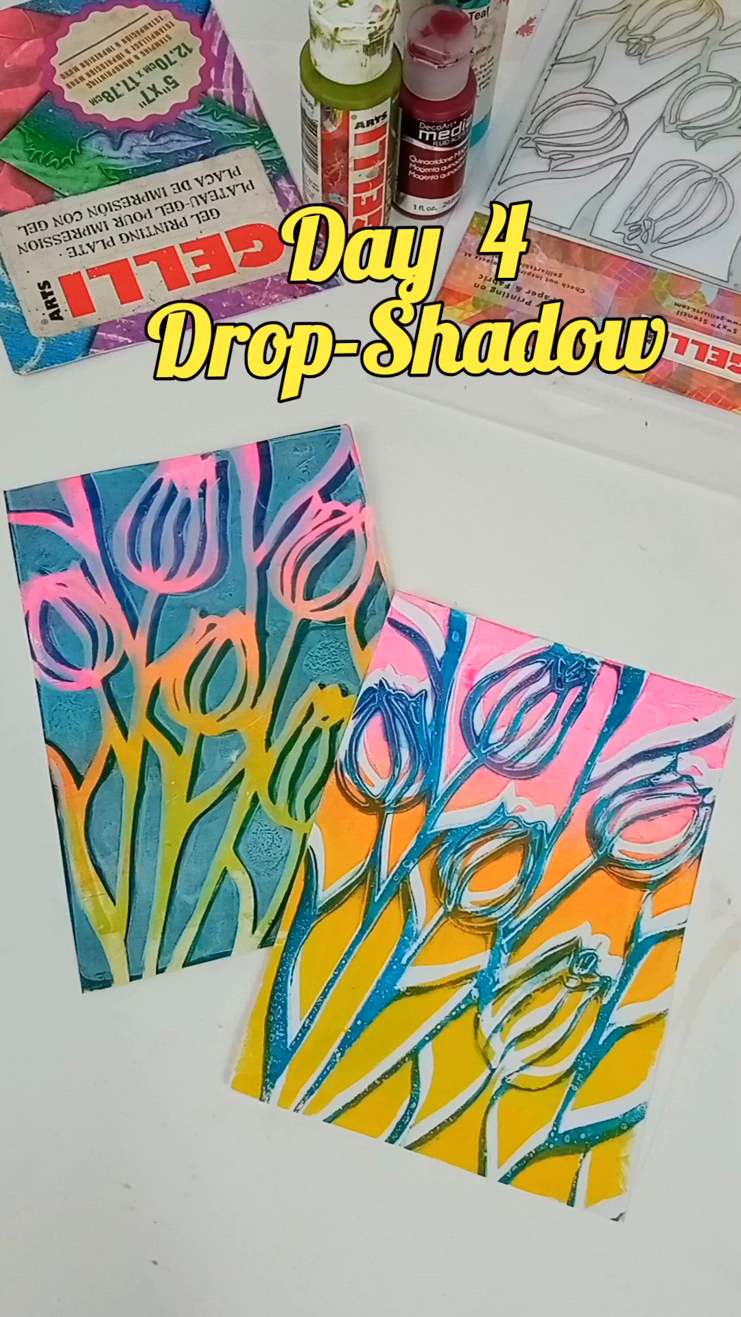 This contains: Gelli Arts® artist Giovanna Zara demonstrates how to create a gel print with a drop-shadow effect using stencils and a gel printing plate.