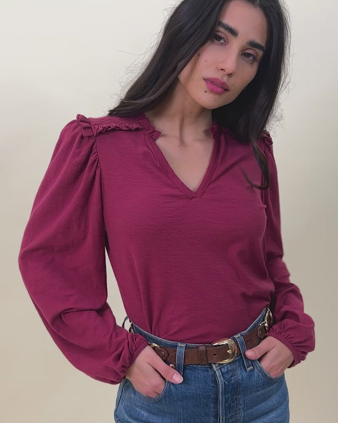 If you liked the Claudine, you'll love the Dolly. This update features the same great silhouette with a smocked yoke and ruffled finish. (This one comes in Curtain Call.) | Women's Dolly Long Sleeve Top in Curtain Call | Ethical Essentials