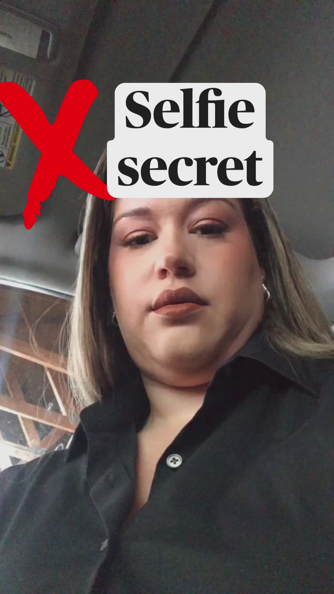 This may contain: a woman sitting in a car with the words selfie secret over her face and behind her head