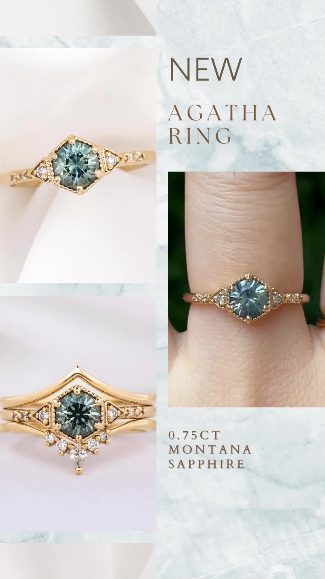 This may contain: three different views of an engagement ring with blue and white diamonds on the side, in gold