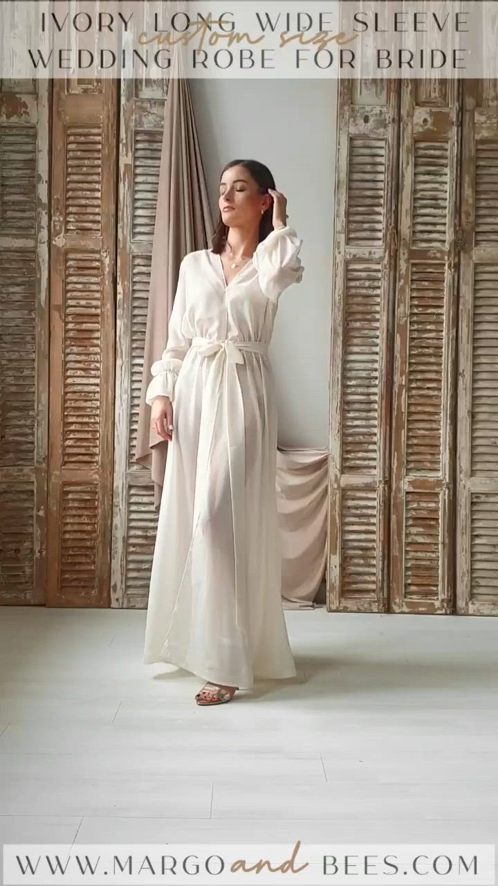 This contains: Silk Muslin Bridal robe for wedding with wide sleeves Bride robe Long white or Ivory robe Satin silk boudoir robe Dressing gown Bridesmaid gift