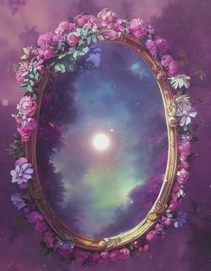 This may contain: an oval mirror with pink flowers around it on a purple and blue background that looks like the night sky